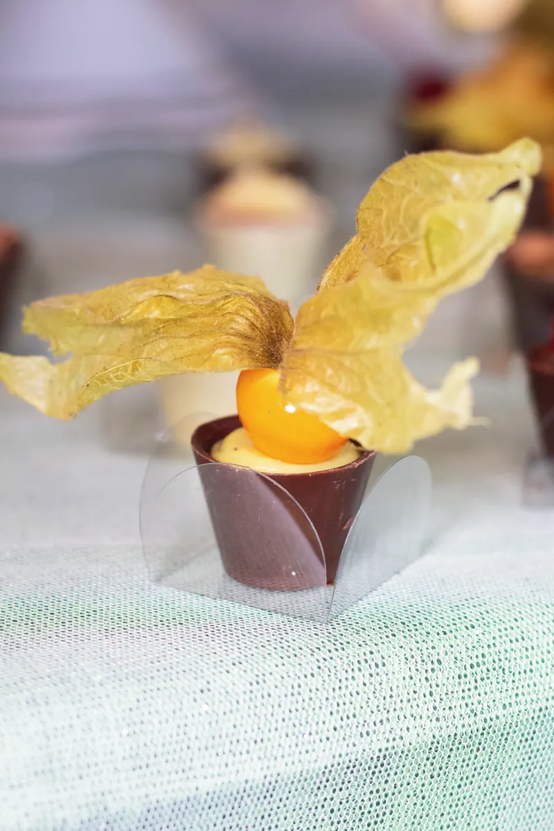 Docinho em copinho de chocolate com physalis